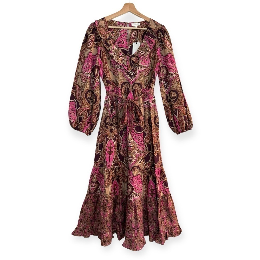 A LOVES A Paisley Printed Ruffled Linen V-Neck Maxi Dress Bohemian Size M NEW - Picture 3 of 10